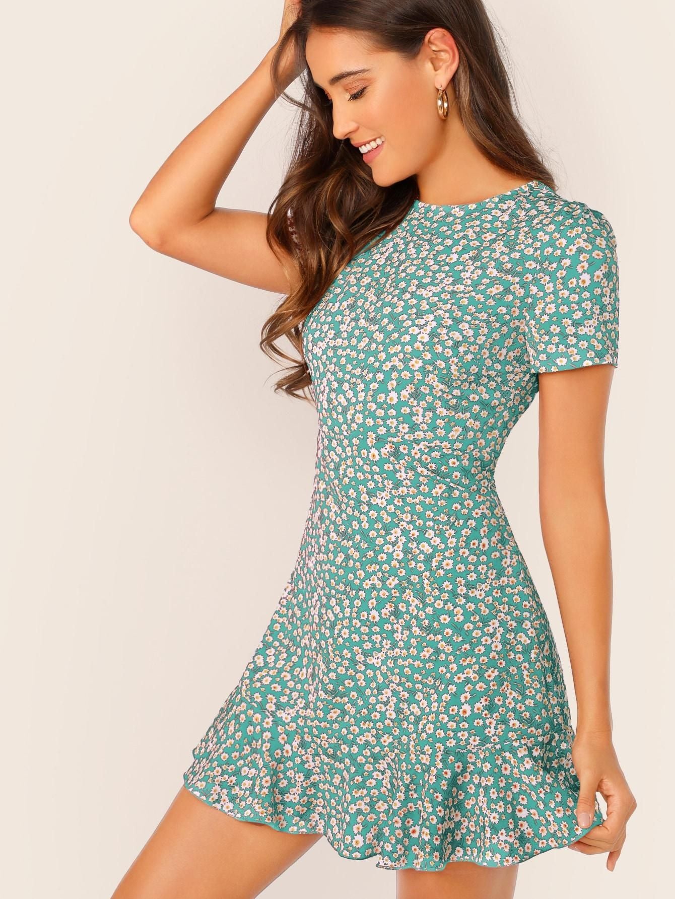 AAHWAN Women's Green Ditsy Floral Print Short Sleeves Mini Short Dress - SaumyasStore