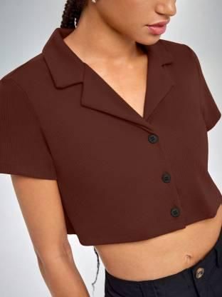 AAHWAN Solid Shirt Style Crop Top For Women's - SaumyasStore