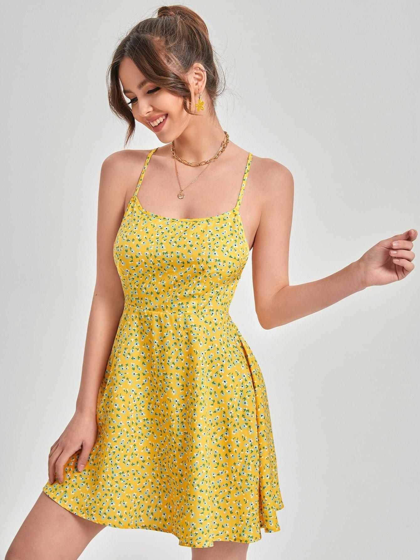 AAHWAN Women's Yellow Floral Print Back Crisscross Mini Short Dress - SaumyasStore