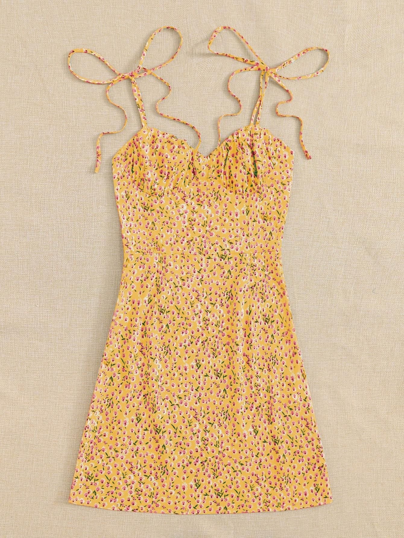 AAHWAN Women's Yellow Ditsy Floral Print Flared Mini Short Dress - SaumyasStore