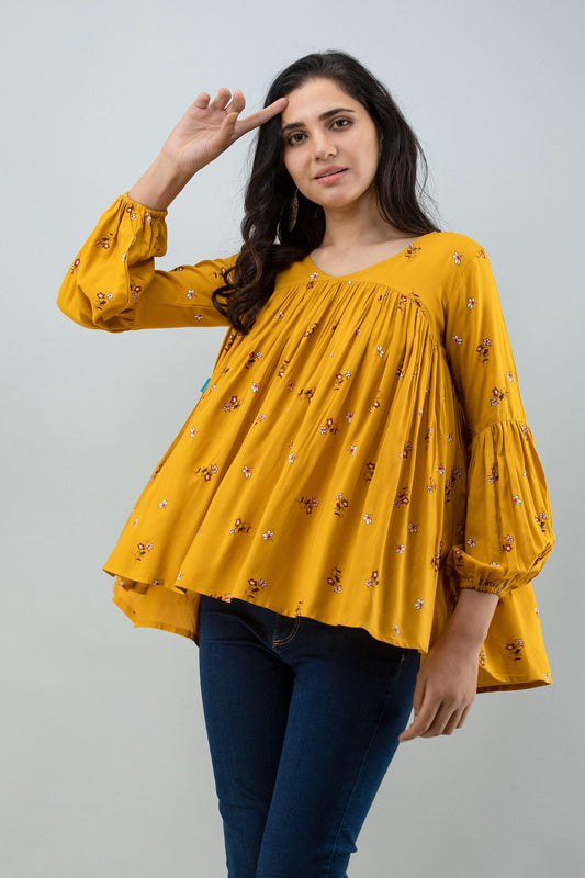 FLAMBOYANT Casual Regular Sleeves Printed Women Yellow Top - SaumyasStore