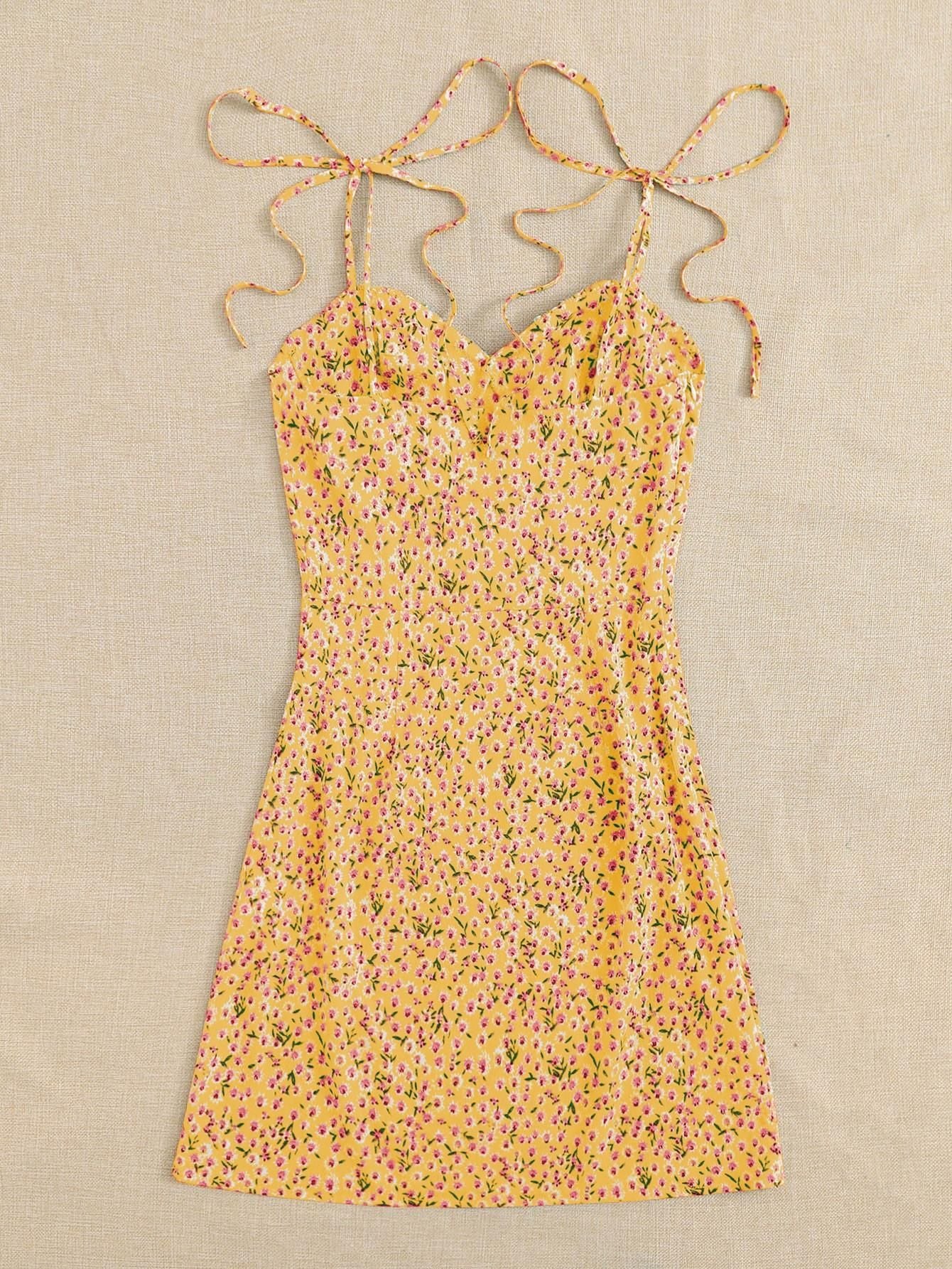 AAHWAN Women's Yellow Ditsy Floral Print Flared Mini Short Dress - SaumyasStore