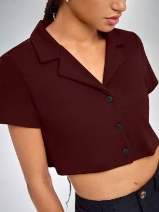 AAHWAN Solid Shirt Style Crop Top For Women's - SaumyasStore