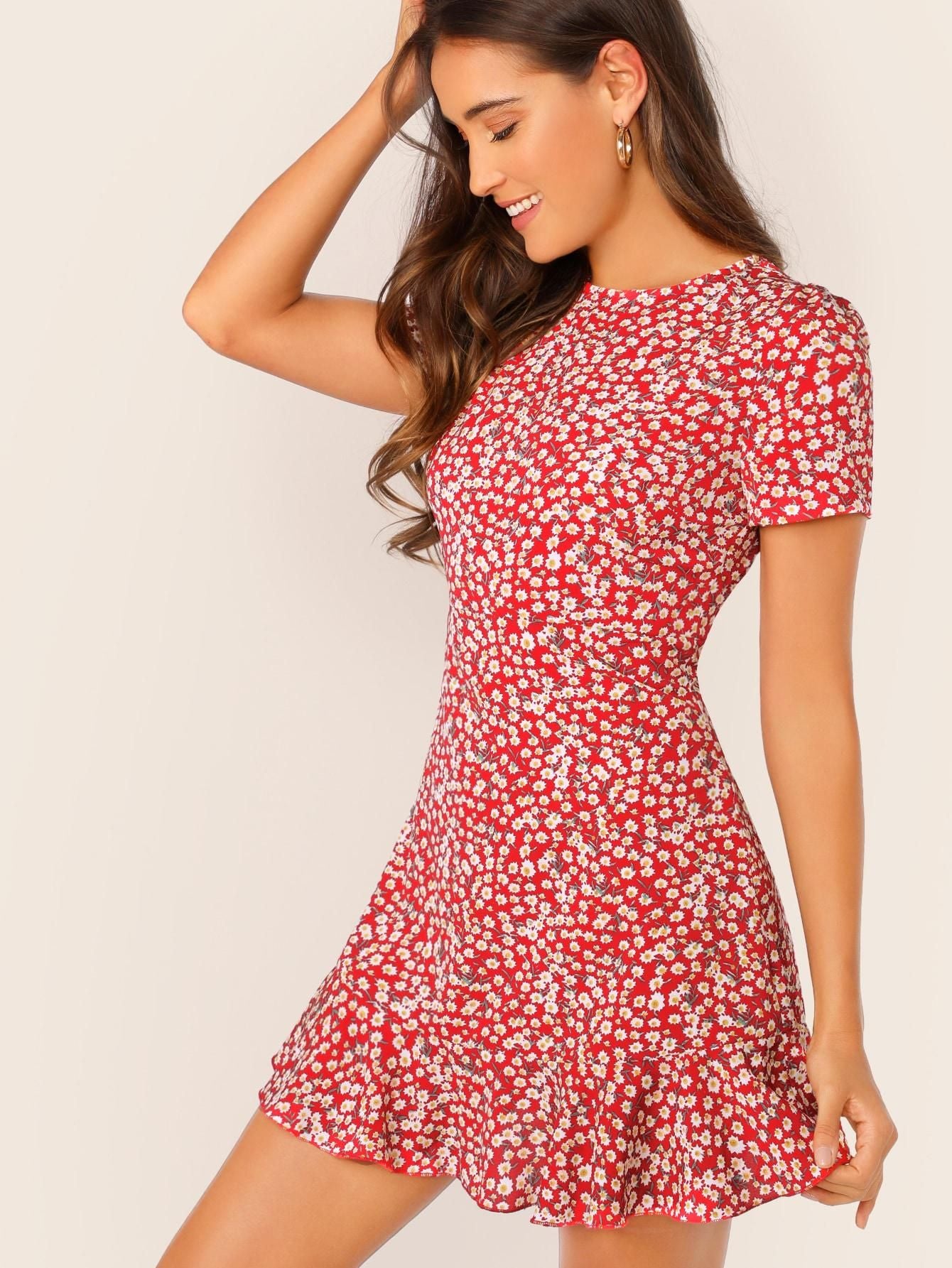 AAHWAN Women's Red Ditsy Floral Print Short Sleeves Mini Short Dress - SaumyasStore