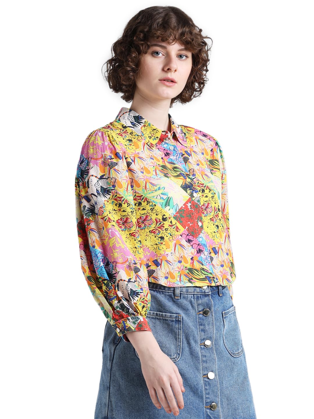 ONLY Women's Floral Relaxed Fit Shirt (15334388- Lemon - SaumyasStore