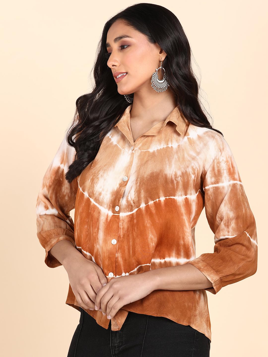 Maaesa Hand Done Shibori Dyed Rayon Shirts for Women (Mustard) - SaumyasStore