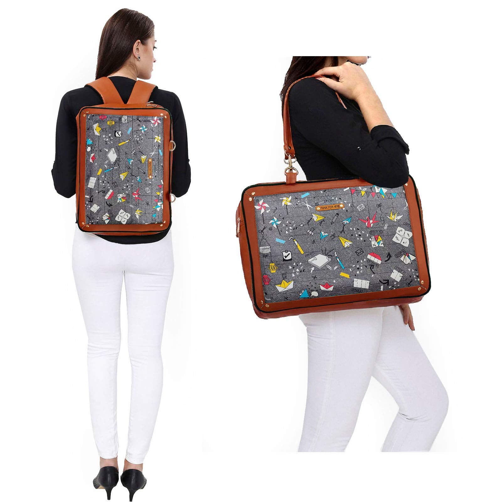 Funk For Hire Leatherette Women's Printed 2 In 1 Backpack Shoulder Bag Handbag Fit Up To 15.6" Laptop - Grey And Brown - SaumyasStore
