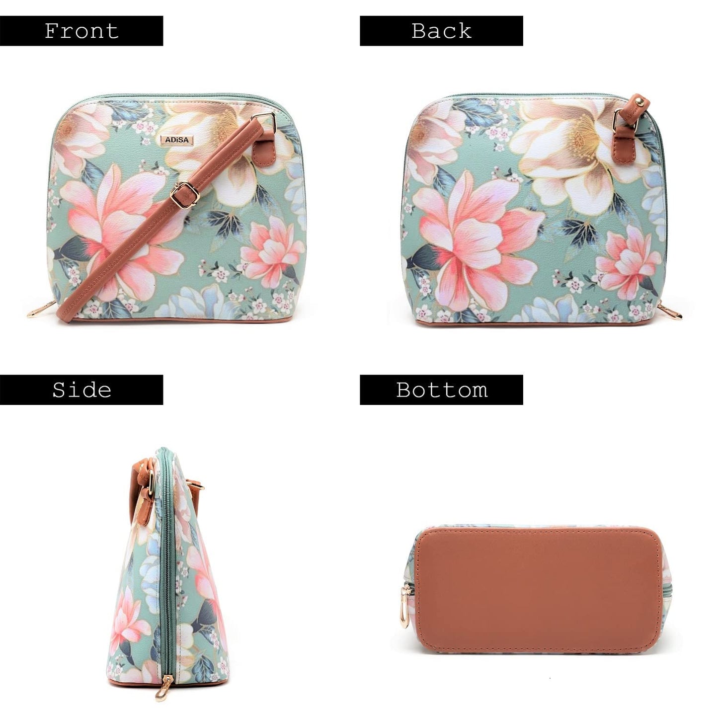 ADISA Women Girls Floral Print Faux Leather Sling Bag Crossbody (SL6003-GRN_Green) - SaumyasStore