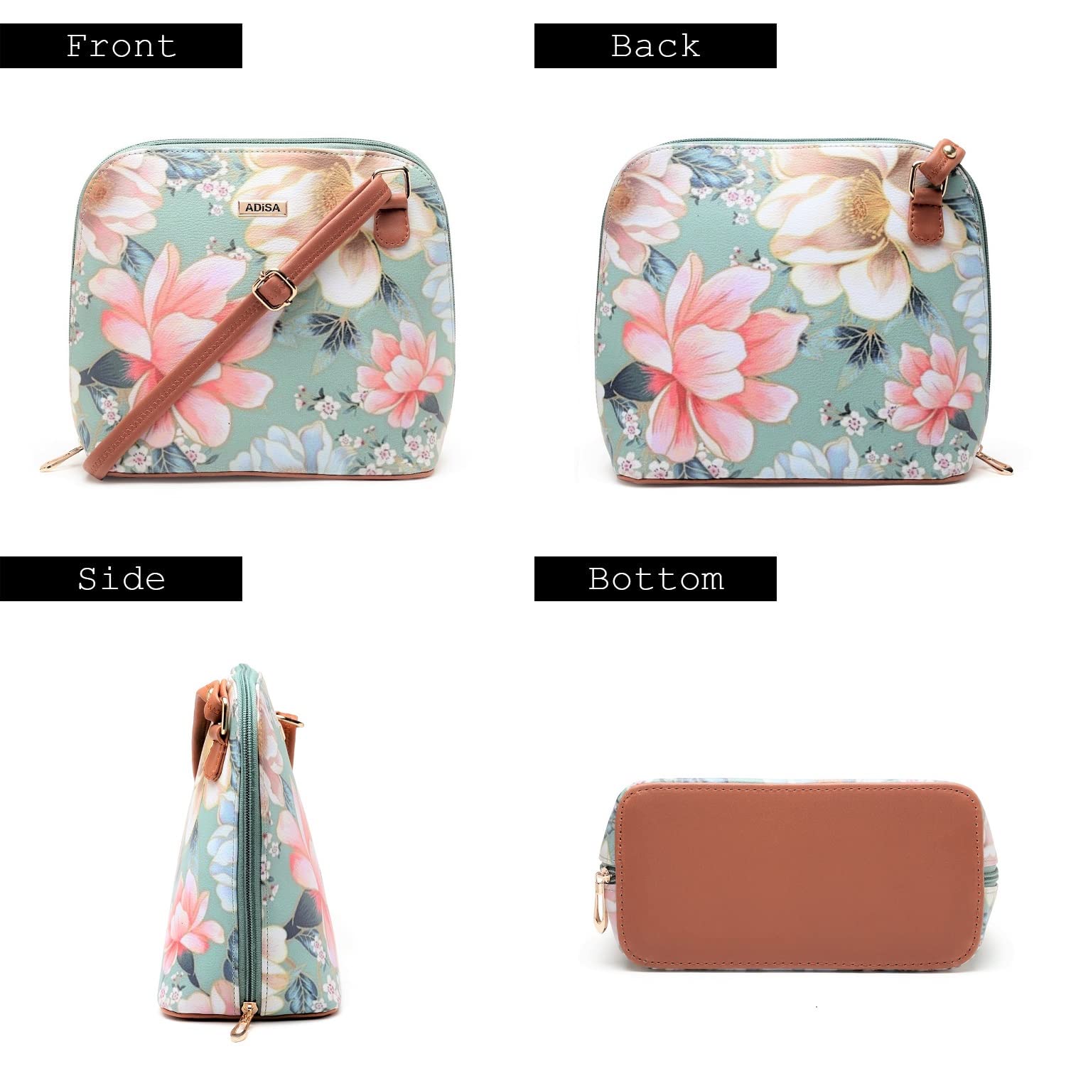 ADISA Women Girls Floral Print Faux Leather Sling Bag Crossbody (SL6003-GRN_Green) - SaumyasStore