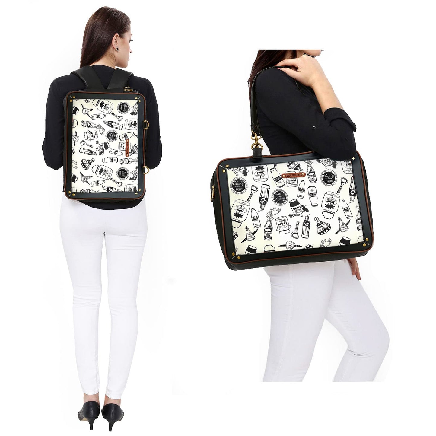 Funk For Hire Unisex-Adult Leatherette Printed 2 In 1 Backpack Shoulder Bag Handbag Fit Upto 15.6" Laptop Size - Black And White - SaumyasStore