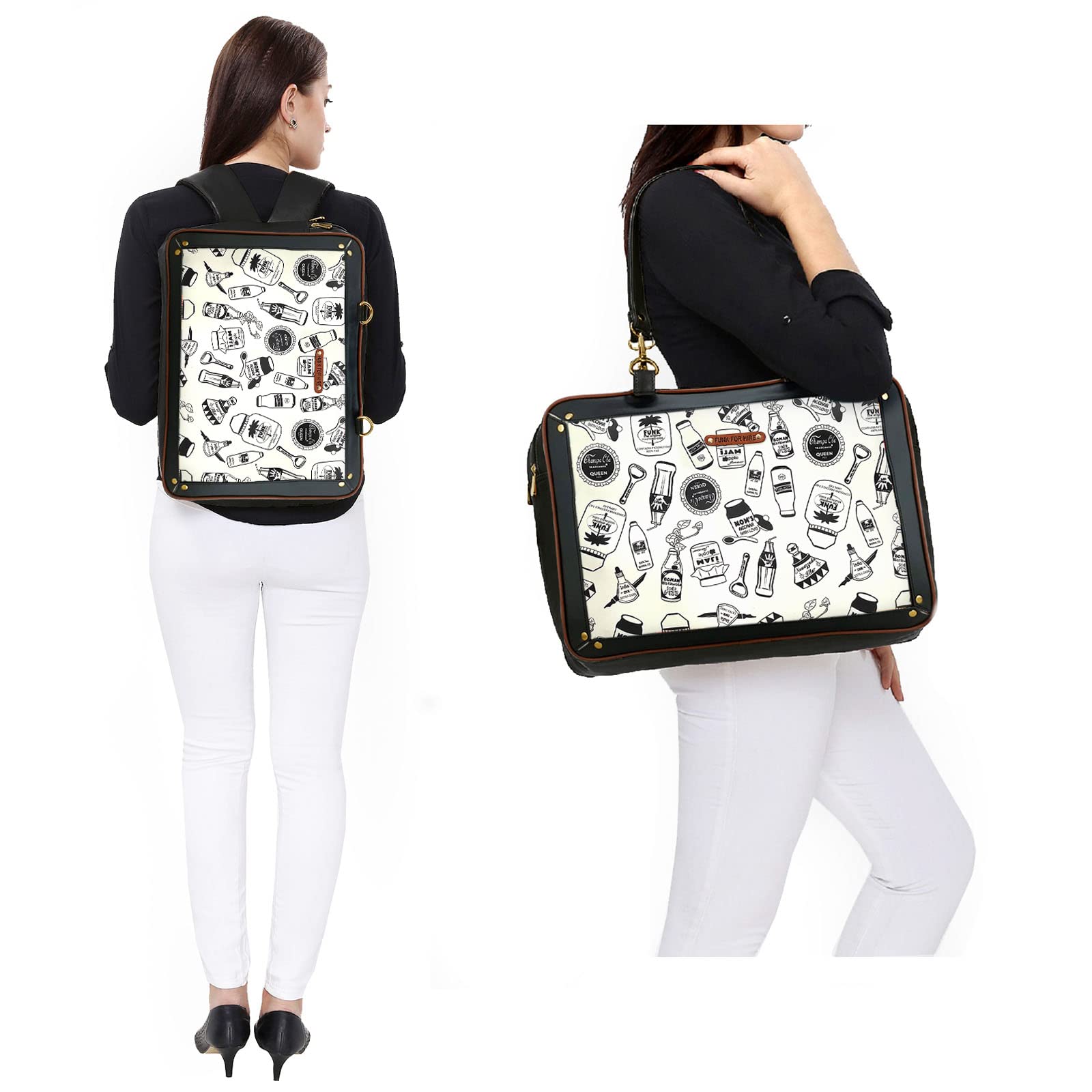 Funk For Hire Unisex-Adult Leatherette Printed 2 In 1 Backpack Shoulder Bag Handbag Fit Upto 15.6" Laptop Size - Black And White - SaumyasStore
