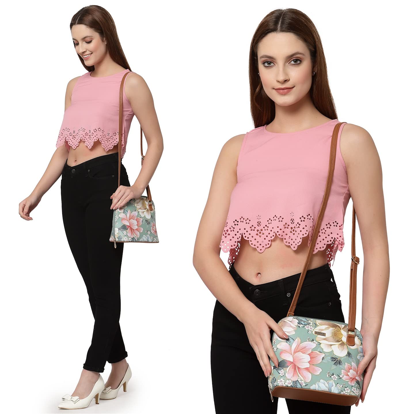 ADISA Women Girls Floral Print Faux Leather Sling Bag Crossbody (SL6003-GRN_Green) - SaumyasStore