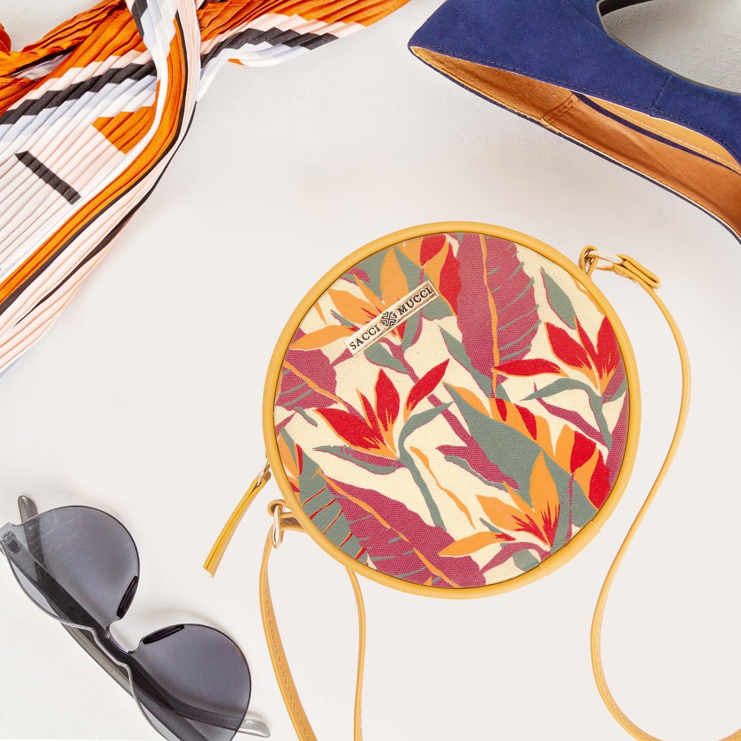SACCI MUCCI Round Sling Crossbody Bag for Girls and Women | Vegan leather, Stylish, Sturdy, Zip closure with Adjustable Straps - Exotic Jungle (Mustard) - SaumyasStore