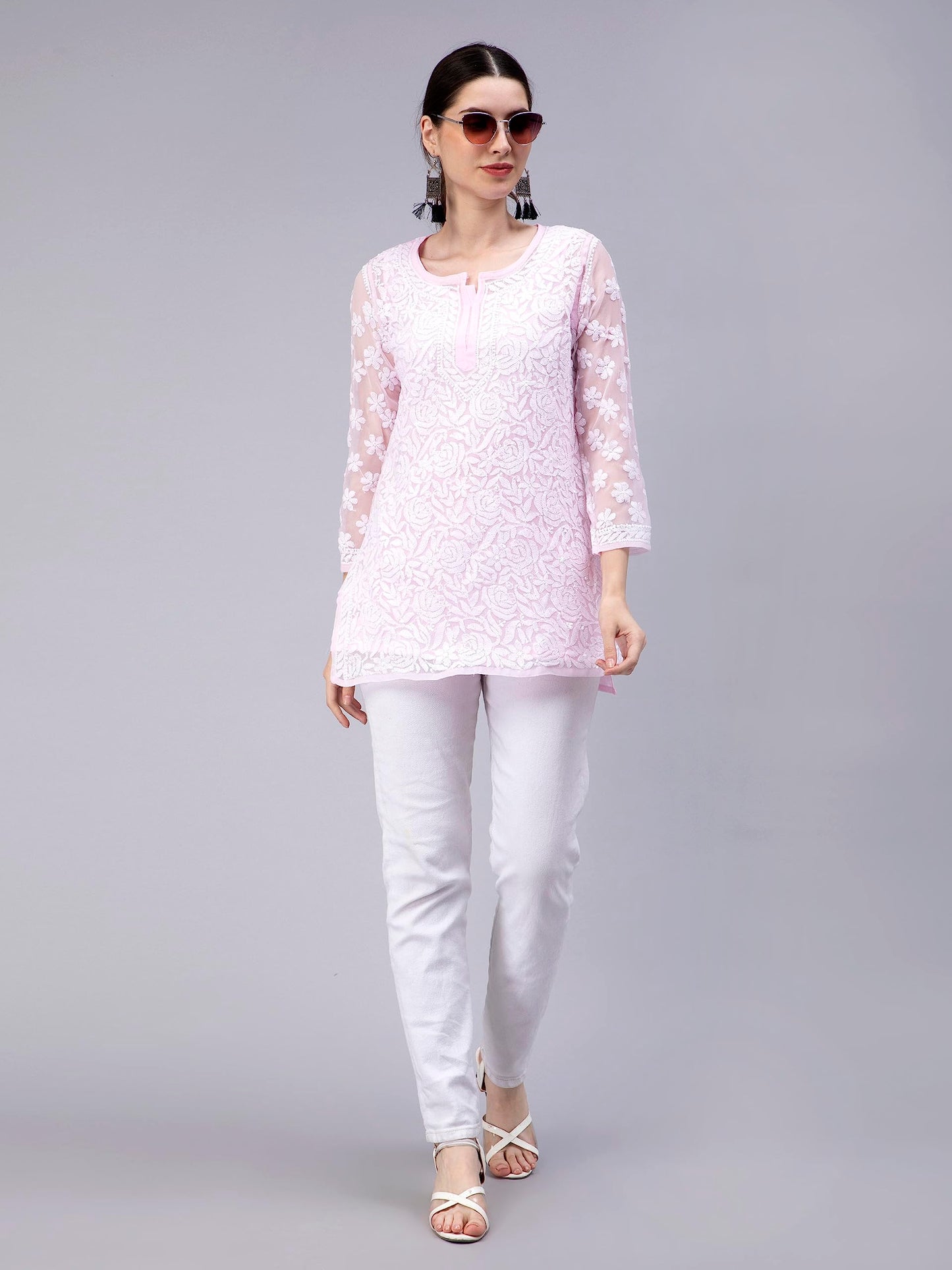 Seva Chikan Hand Embroidered Lucknowi Chikankari Pink Georgette Women Short Top & Tunic (Pink) - SaumyasStore