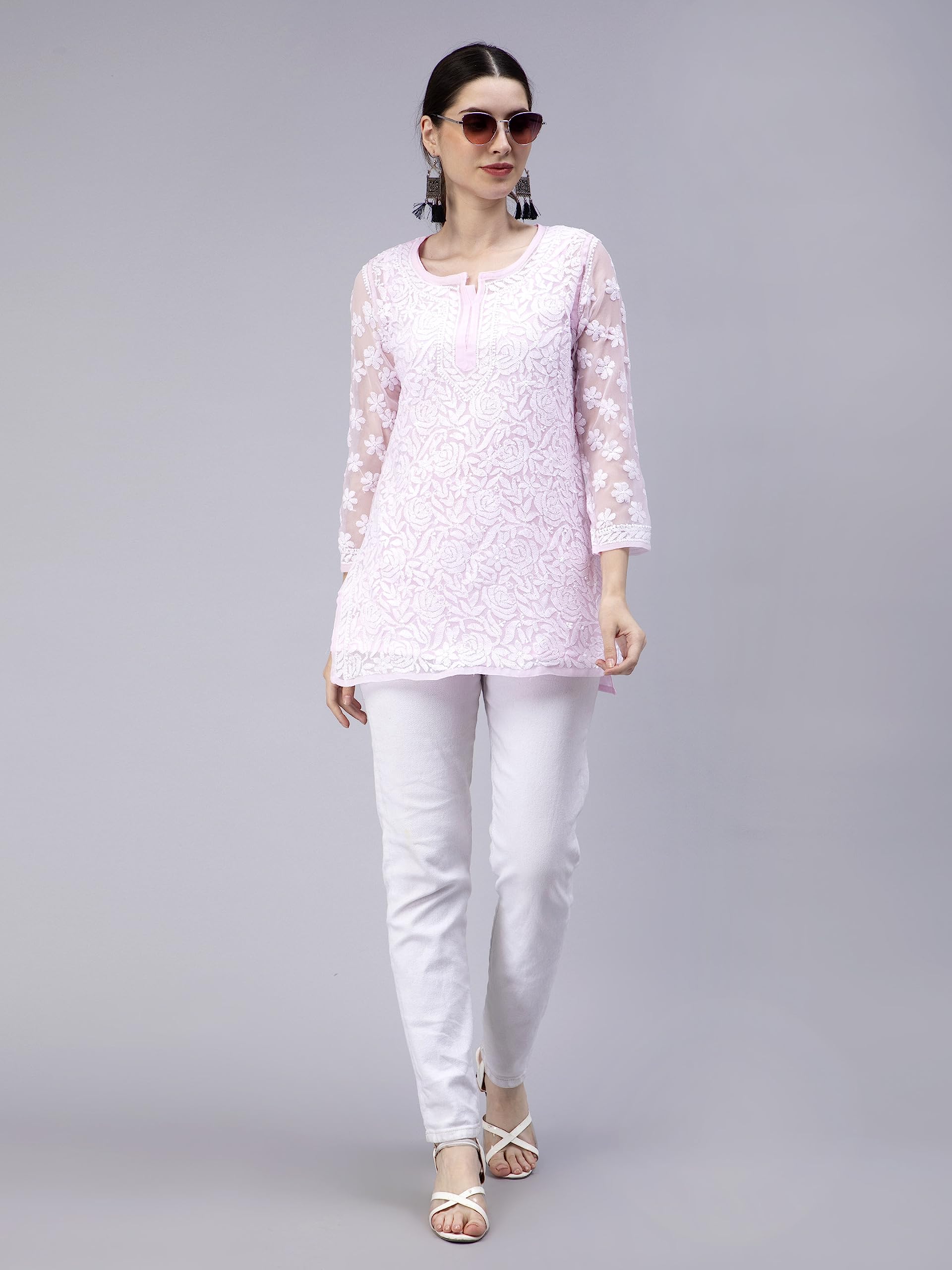 Seva Chikan Hand Embroidered Lucknowi Chikankari Pink Georgette Women Short Top & Tunic (Pink) - SaumyasStore