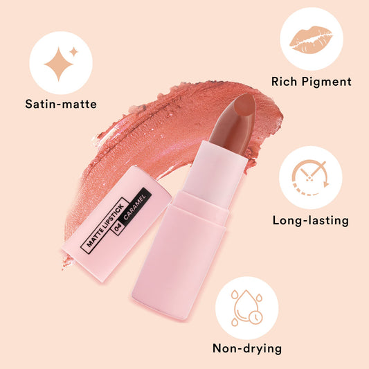 SUGAR POP Matte Lipstick - 04 Caramel (Peachy Brown) – 4.2 gm – Non-drying Formula, Long Lasting, Vegan, Paraben Free l Lipstick for Women - SaumyasStore