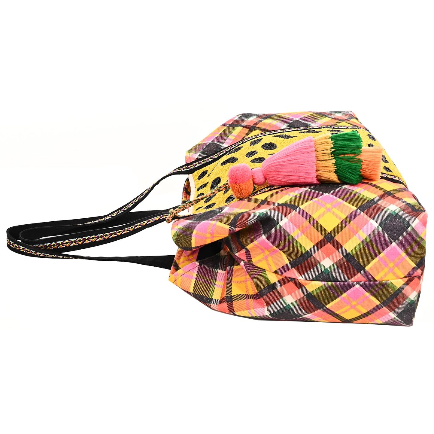 Boho Girl Cheetah Embellished Checkered Tote | Shoulder Bag with Inner Zip Pocket - Jacquard Handbag for Travel and Any Occassion - SaumyasStore