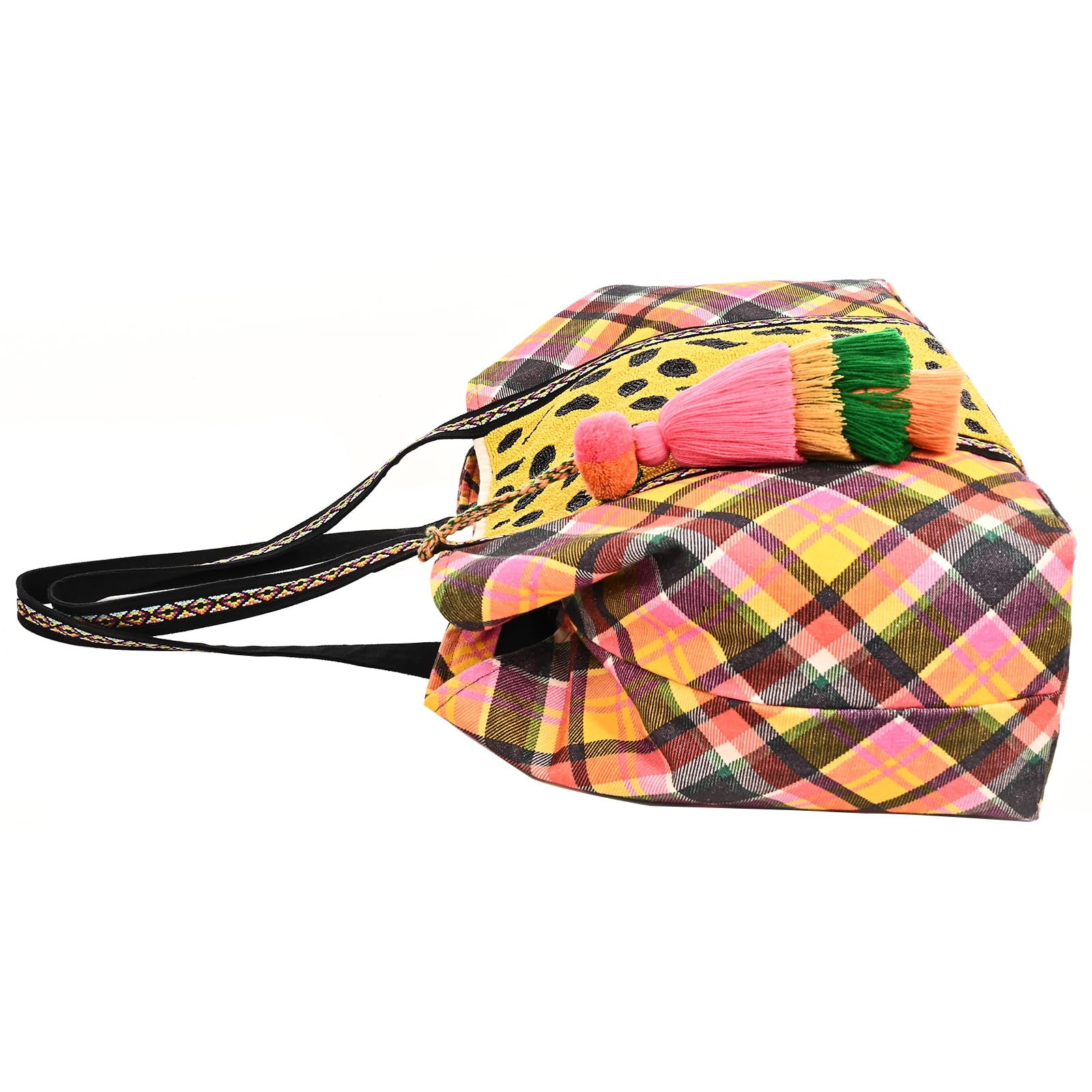 Boho Girl Cheetah Embellished Checkered Tote | Shoulder Bag with Inner Zip Pocket - Jacquard Handbag for Travel and Any Occassion - SaumyasStore