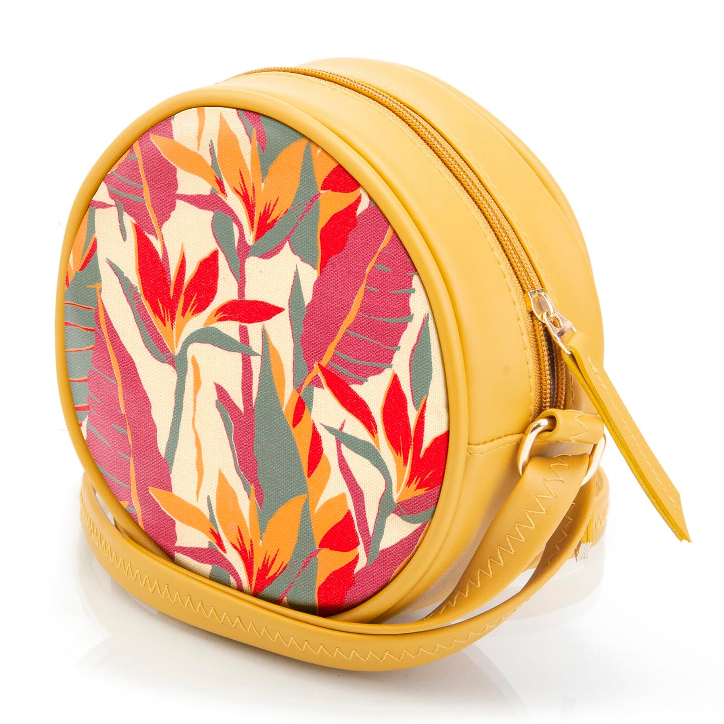 SACCI MUCCI Round Sling Crossbody Bag for Girls and Women | Vegan leather, Stylish, Sturdy, Zip closure with Adjustable Straps - Exotic Jungle (Mustard) - SaumyasStore