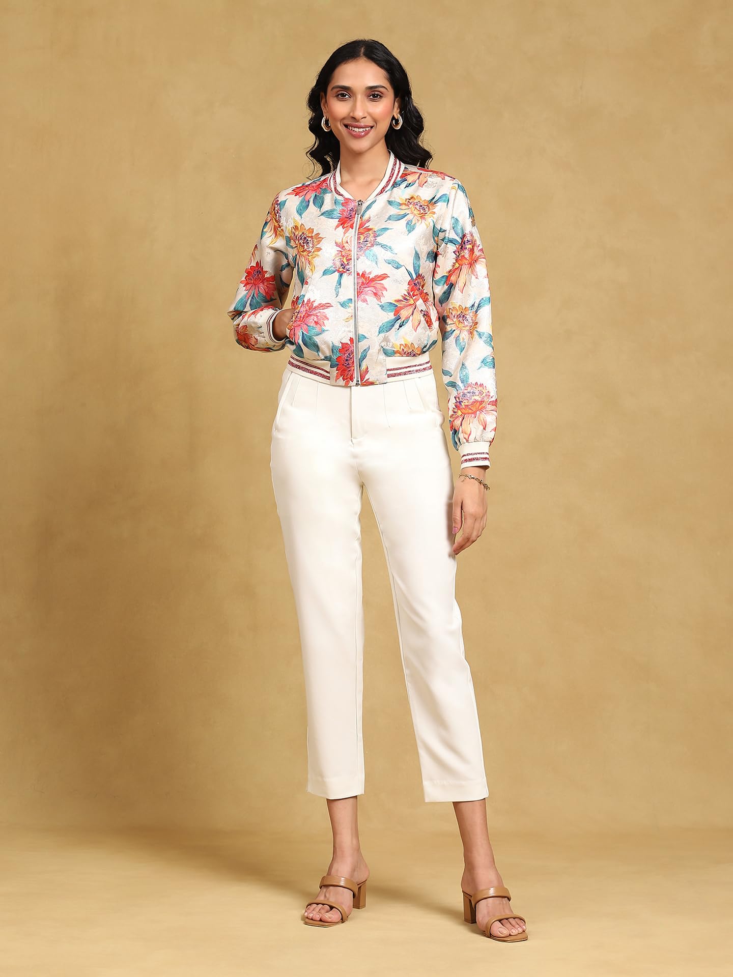 Label RITU KUMAR White Floral Jacquard Jacket - SaumyasStore