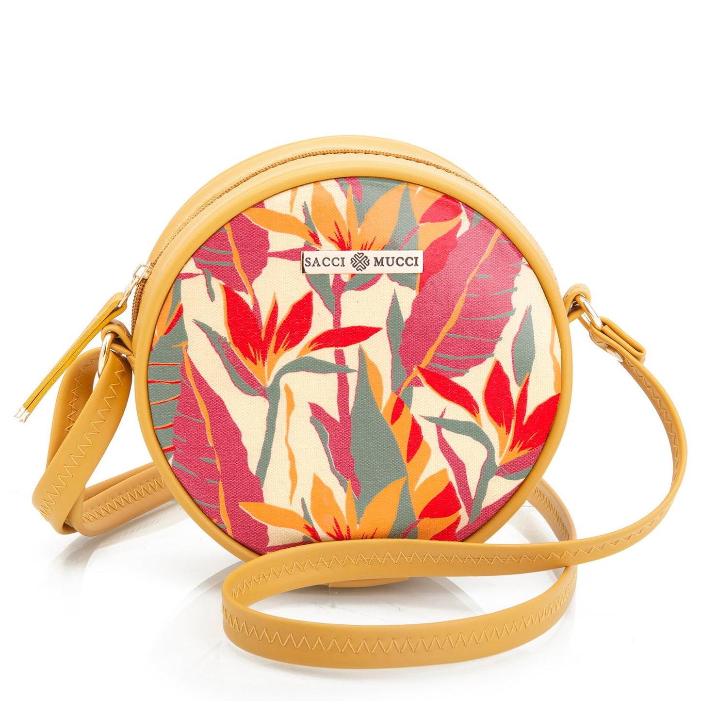SACCI MUCCI Round Sling Crossbody Bag for Girls and Women | Vegan leather, Stylish, Sturdy, Zip closure with Adjustable Straps - Exotic Jungle (Mustard) - SaumyasStore