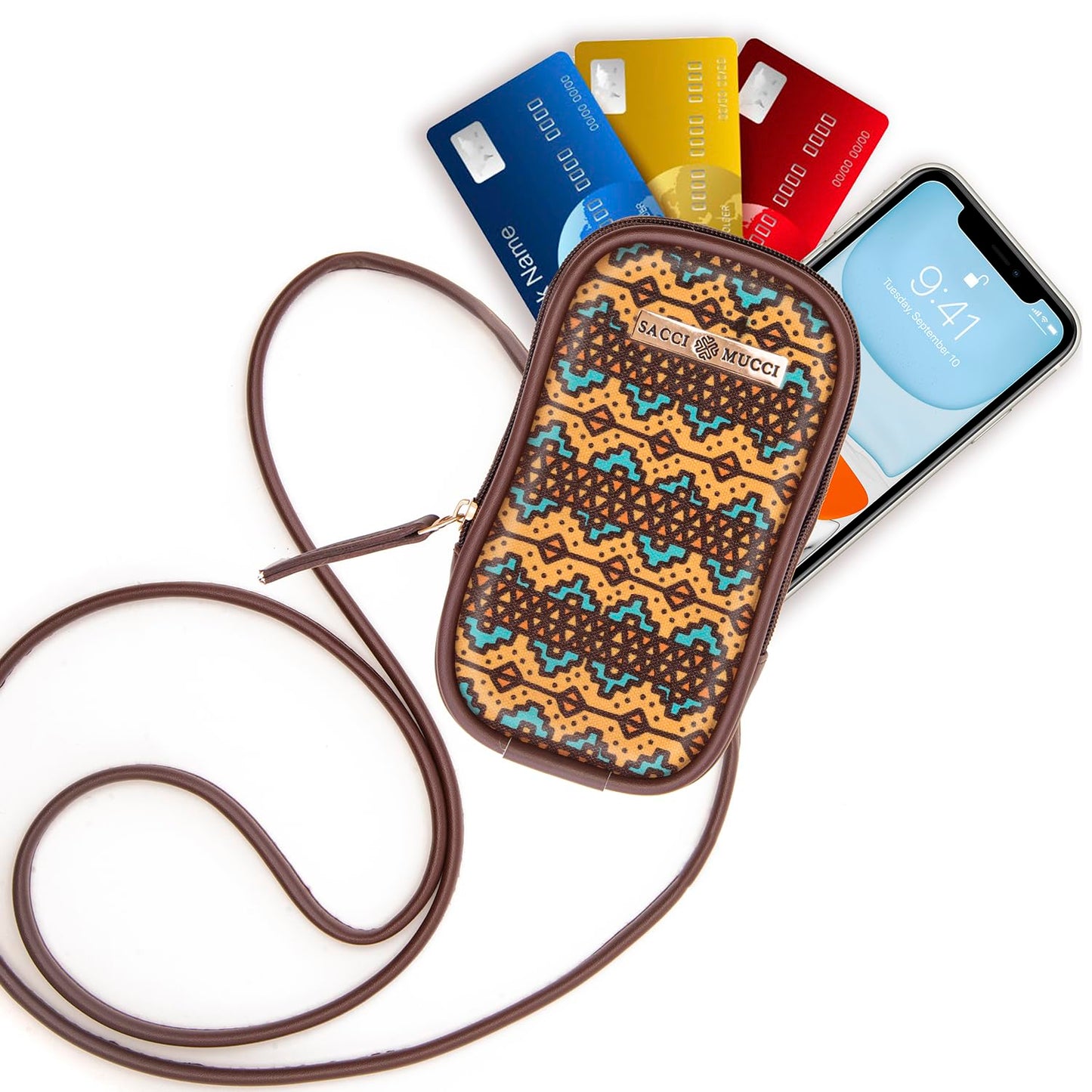 SACCI MUCCI Phone Pouch, Mobile Bag, Women's Wallet Sling Crossbody Bag for Mobile Cell Phone, Crossbody Phone Bag -EthnicTraditional Print (Brown) - SaumyasStore