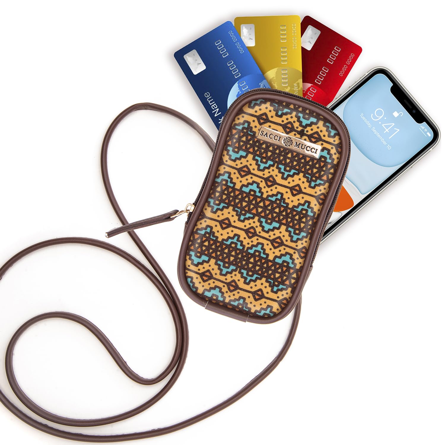 SACCI MUCCI Phone Pouch, Mobile Bag, Women's Wallet Sling Crossbody Bag for Mobile Cell Phone, Crossbody Phone Bag -EthnicTraditional Print (Brown) - SaumyasStore