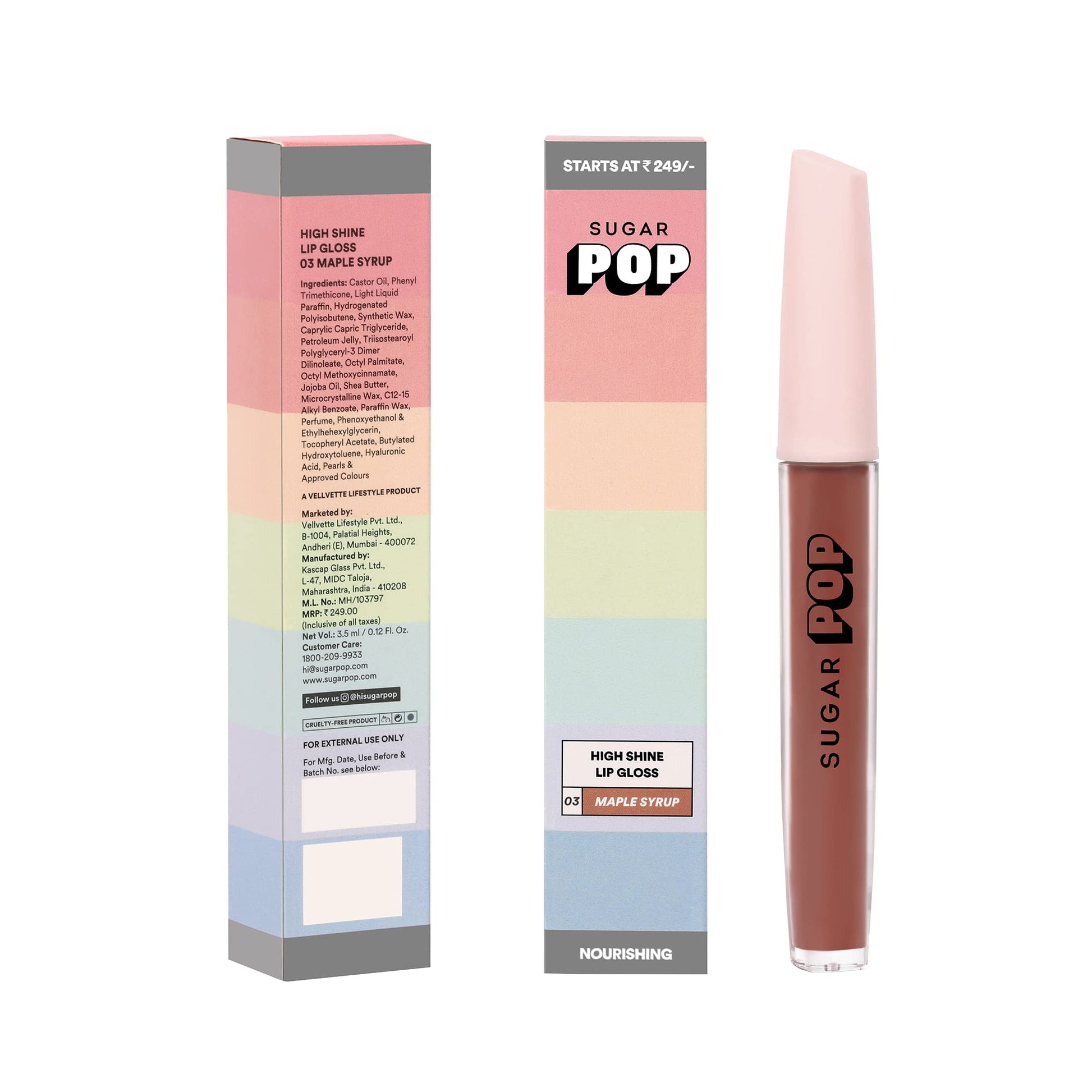 SUGAR POP High Shine Lip Gloss - 03 Maple (Nude Brown) For Soft & Dewy Lips Enriched With Vitamin E, Jojoba Oil & Shea Butter, Richly Pigmented 3.5ml - SaumyasStore