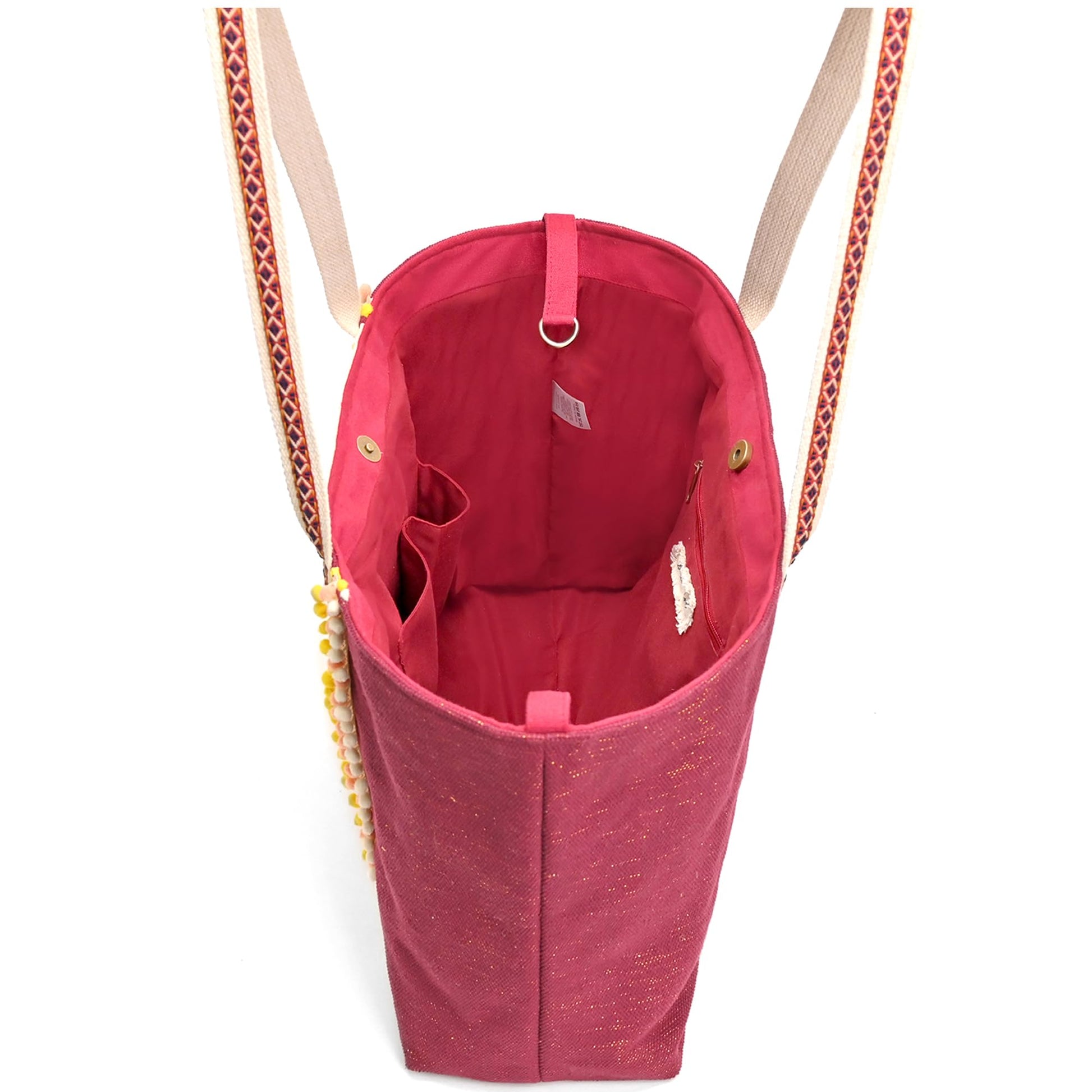 Boho Girl Geometric Beaded Maroon Tote with Pompom Tassles | Canvas Tote Bag for Women and Girls with Zip and Tassels - SaumyasStore