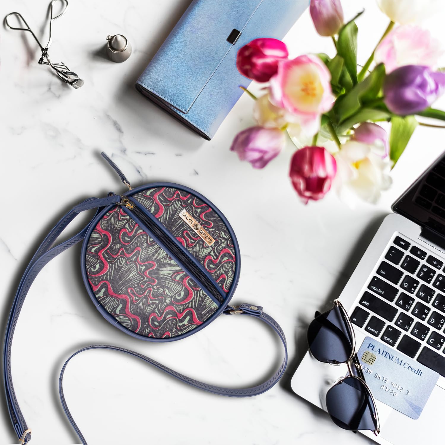 SACCI MUCCI Round Round Sling Bag, Printed Sling Bag For Girls, Crossbody Bag For Women, gifts for women, Shoulder Bag with Strap -Aquatic Mushrooms (Blue) - SaumyasStore