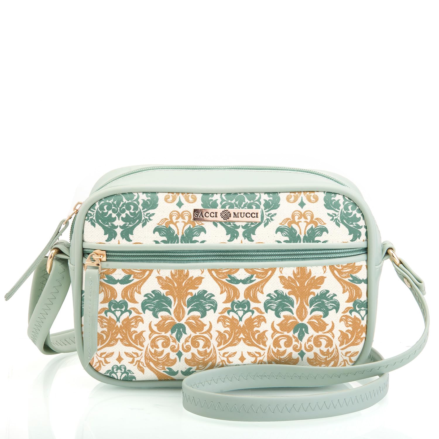 Saaci Mucci Handmade Vegan Leather Women's Sling Cross-Body Bags With Adjustable Shoulder Strap - Damask (Mint Green) - SaumyasStore