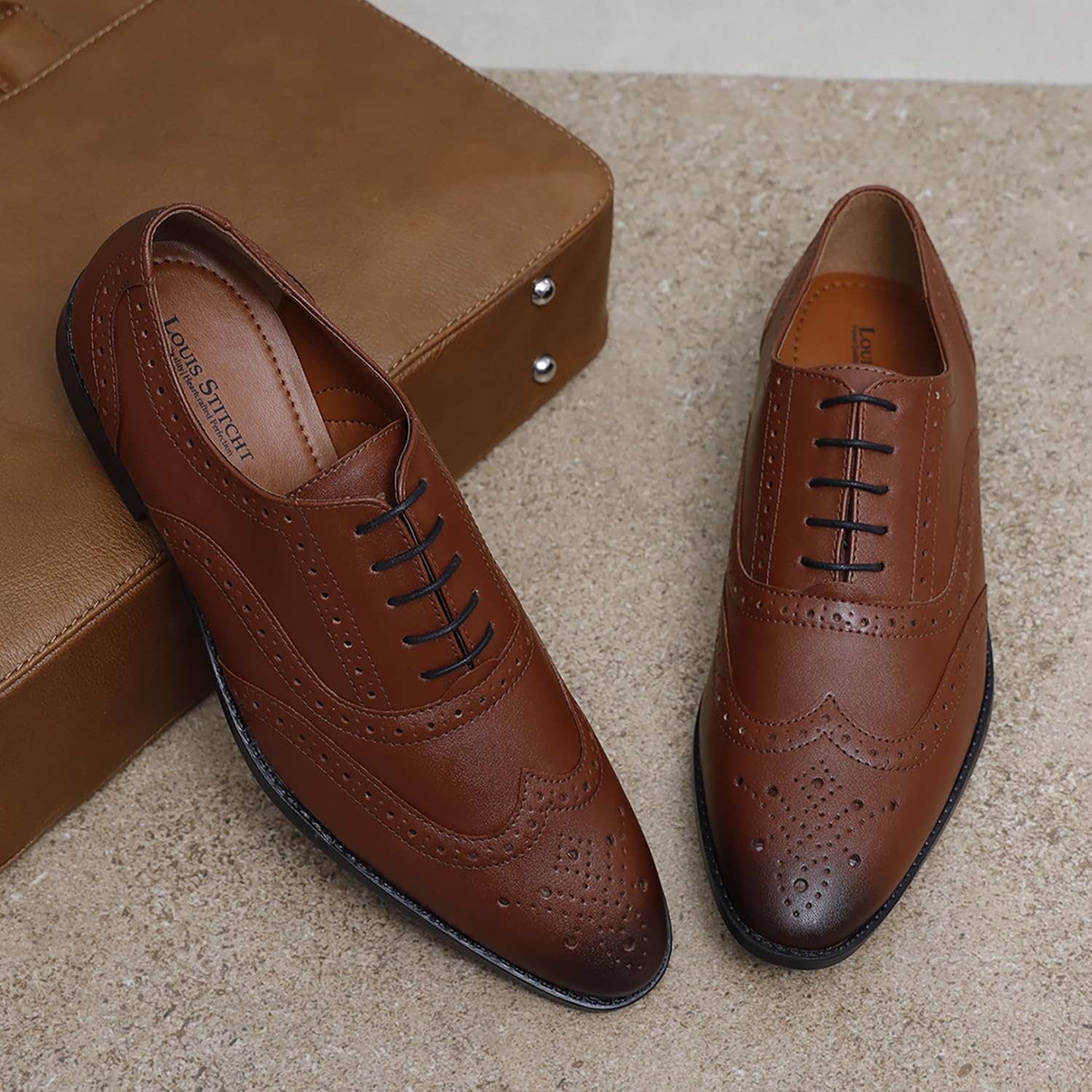 LOUIS STITCH Men's American Tan Wingtip Brogue Style Comfortable Formal Shoes Lace Up Shoe for Men (RGBG-) (Size- 11 UK) - SaumyasStore