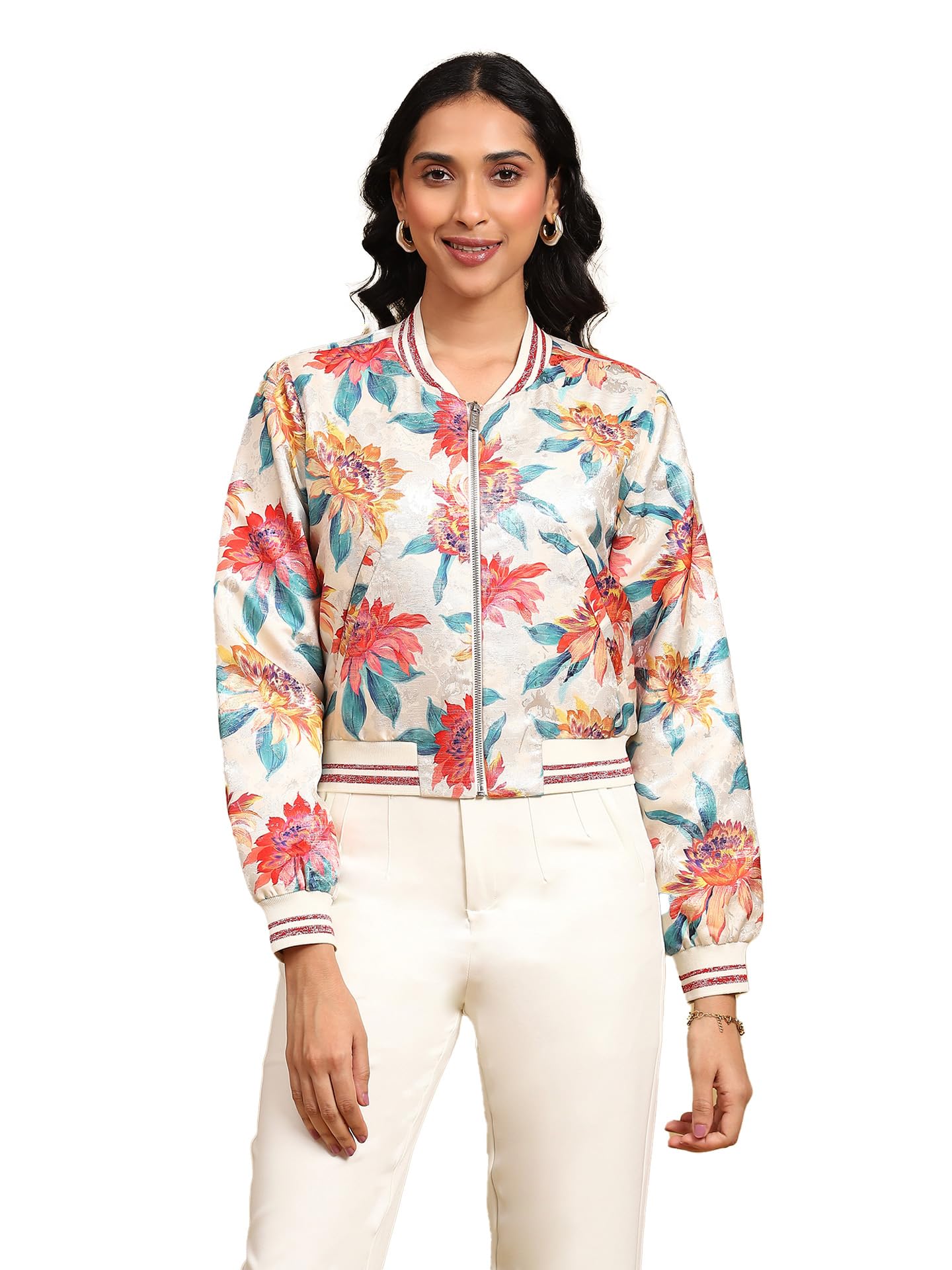 Label RITU KUMAR White Floral Jacquard Jacket - SaumyasStore
