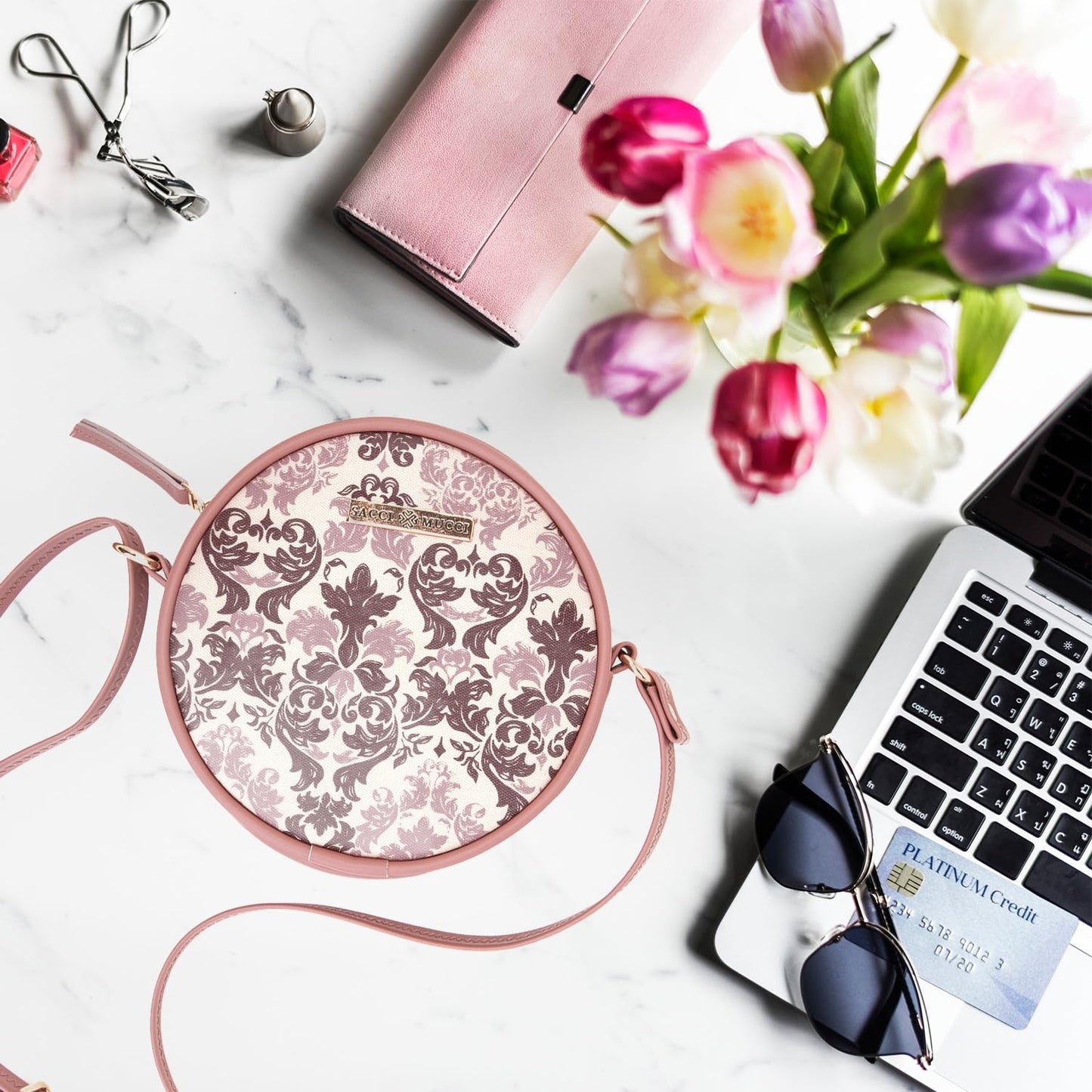 SACCI MUCCI Stylish One Side Shoulder Sling Bag with Zip Closure for Girls and Women trendy crossbody handbag- Damask (Blush) - SaumyasStore