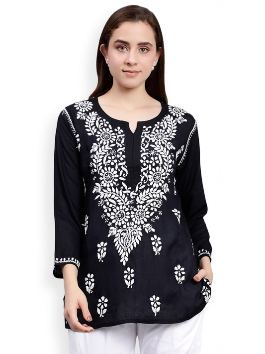 Seva Chikan Hand Embroidered Black Modal Lucknowi Chikankari Top (Black) - SaumyasStore