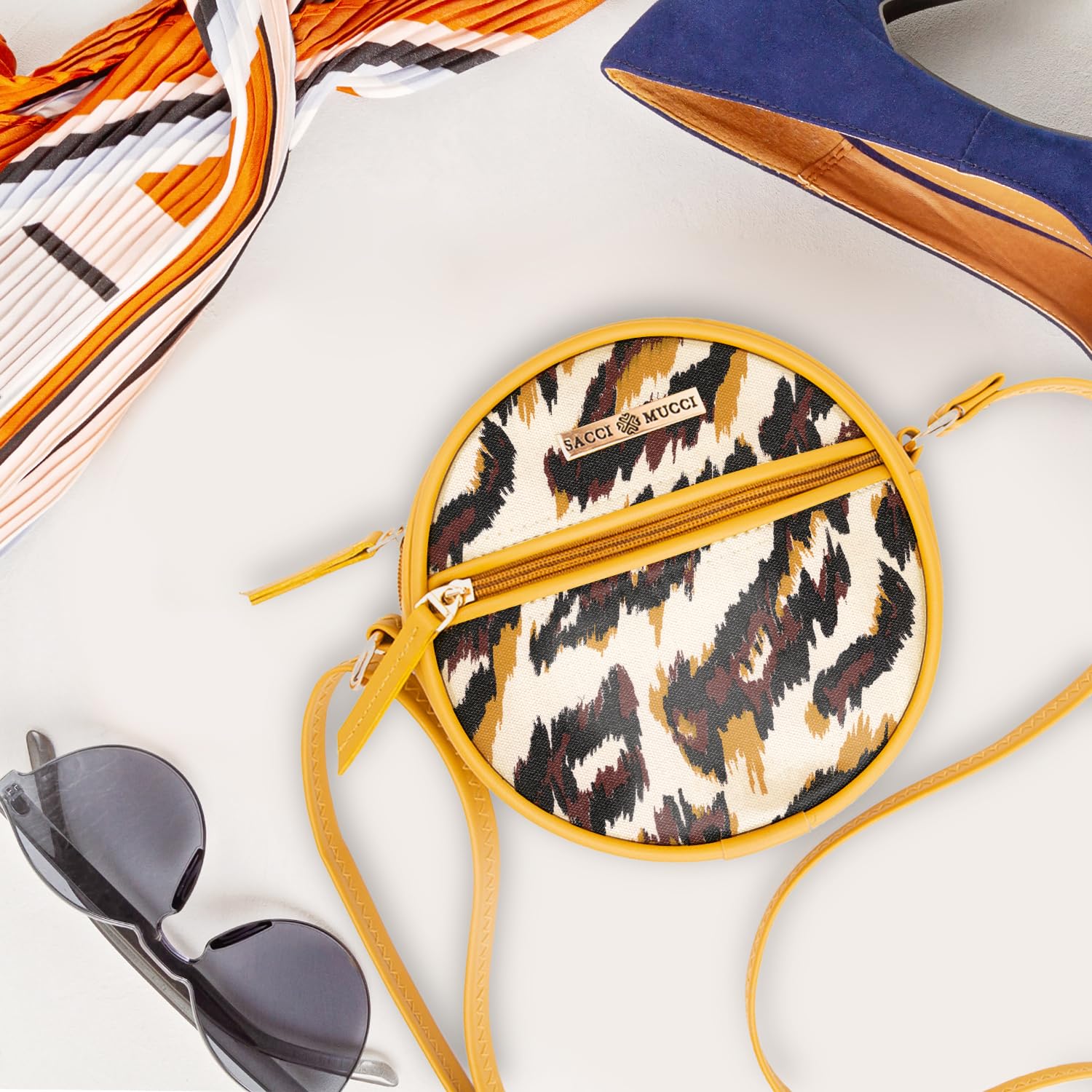 SACCI MUCCI Printed Women's Round Sling crossbody bag Handcrafted Vegan Leather Round Sling Bag | Latest Stylish Shoulder Bag - African Leopard (Mustard) - SaumyasStore