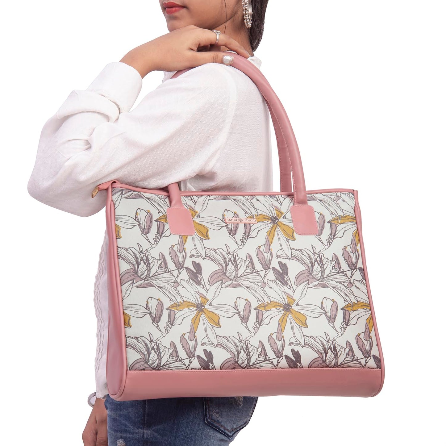 SACCI MUCCI Women's Tote Bag | Tote Bags For Women with Padded Laptop Compartment | Big Shoulder Bag for Office-Magnolia Floral Print (Blush) - SaumyasStore