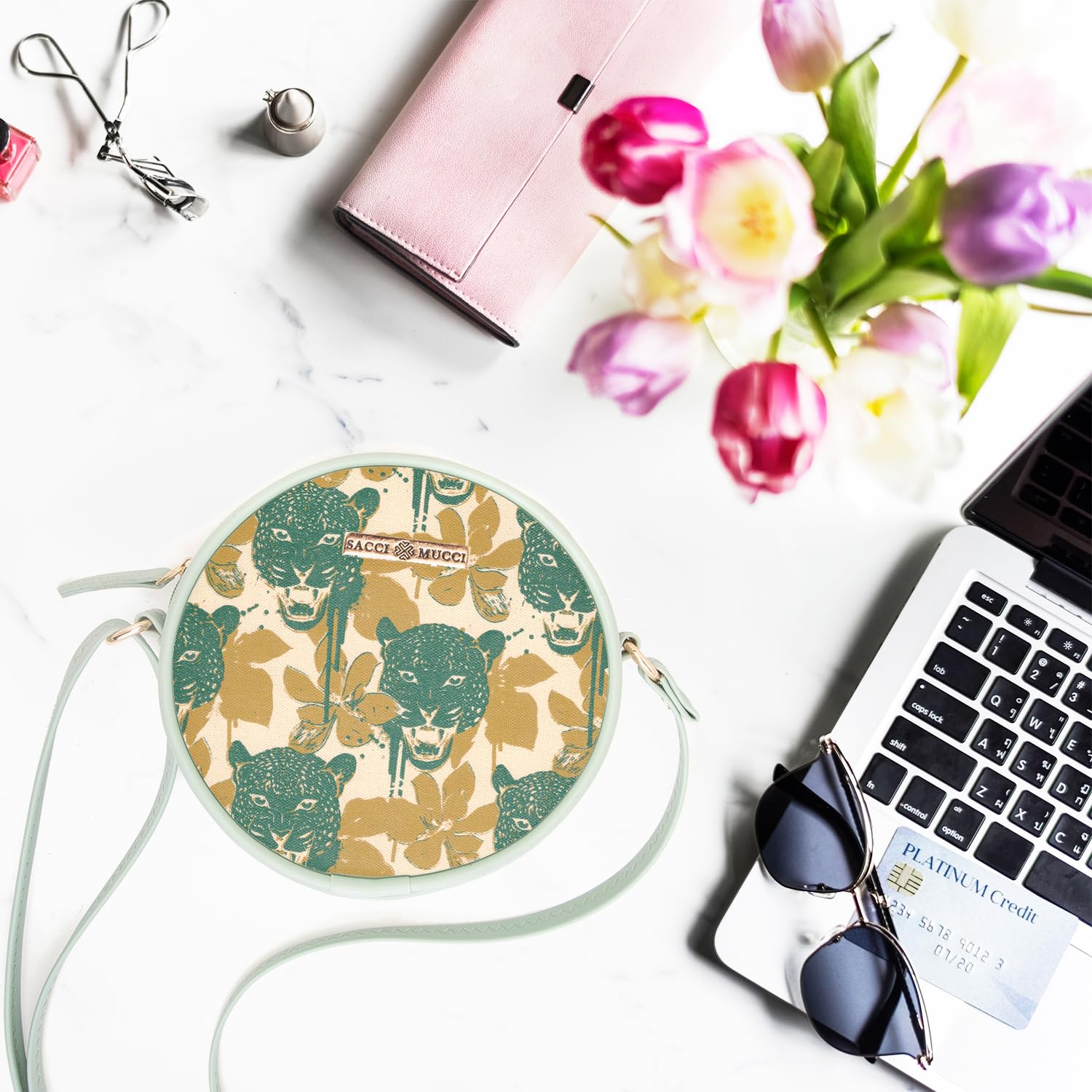 SACCI MUCCI Round Sling Bag, Printed Sling Bag For Girls, Women Sling Bag, Crossbody Bag For Women, Girls, Gift for her - Wild Print (Mint Green) - SaumyasStore