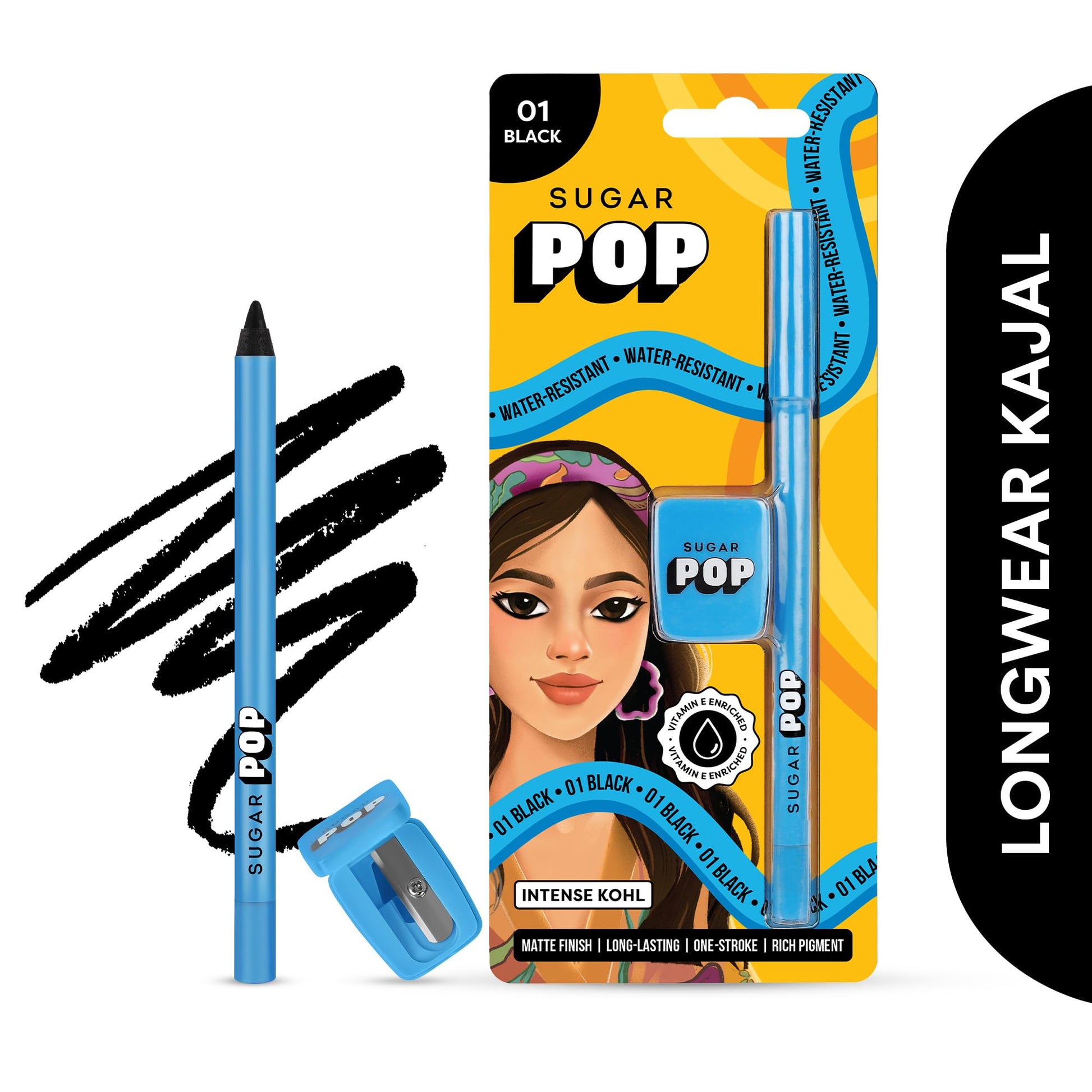 SUGAR POP Intense Kohl - 01 Black | Matte Finish | Water Resistant | with Sharpener - SaumyasStore