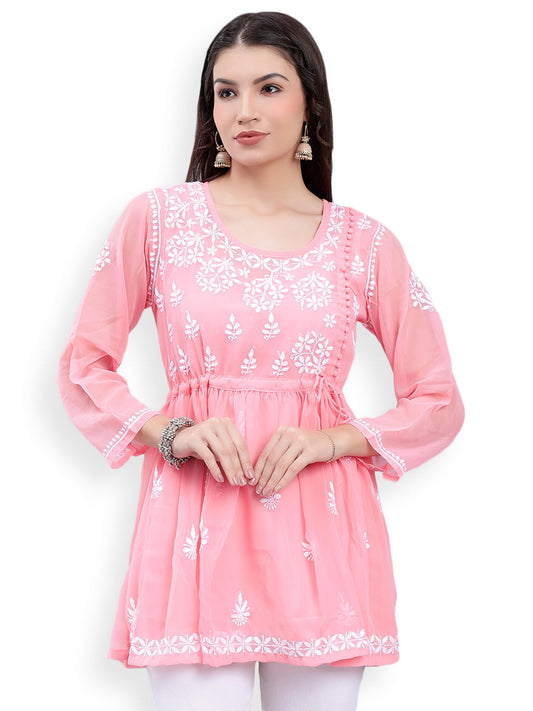 Seva Chikan Hand Embroidered Peach Georgette Lucknowi Chikankari Top with Slip (Peach) - SaumyasStore