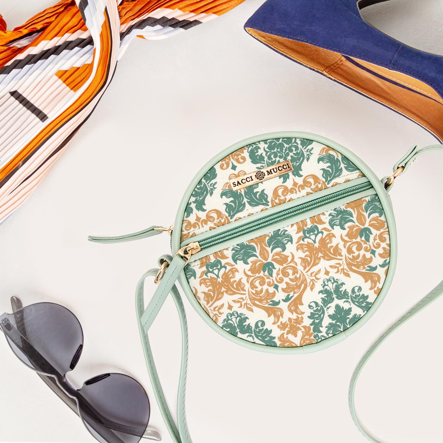 SACCI MUCCI Trending gift Sling Bag For Women's & Girls'/Ladies Round Crossbody Bag Gift for Her/Gift for Special occasion - Damask (Mint Green) - SaumyasStore