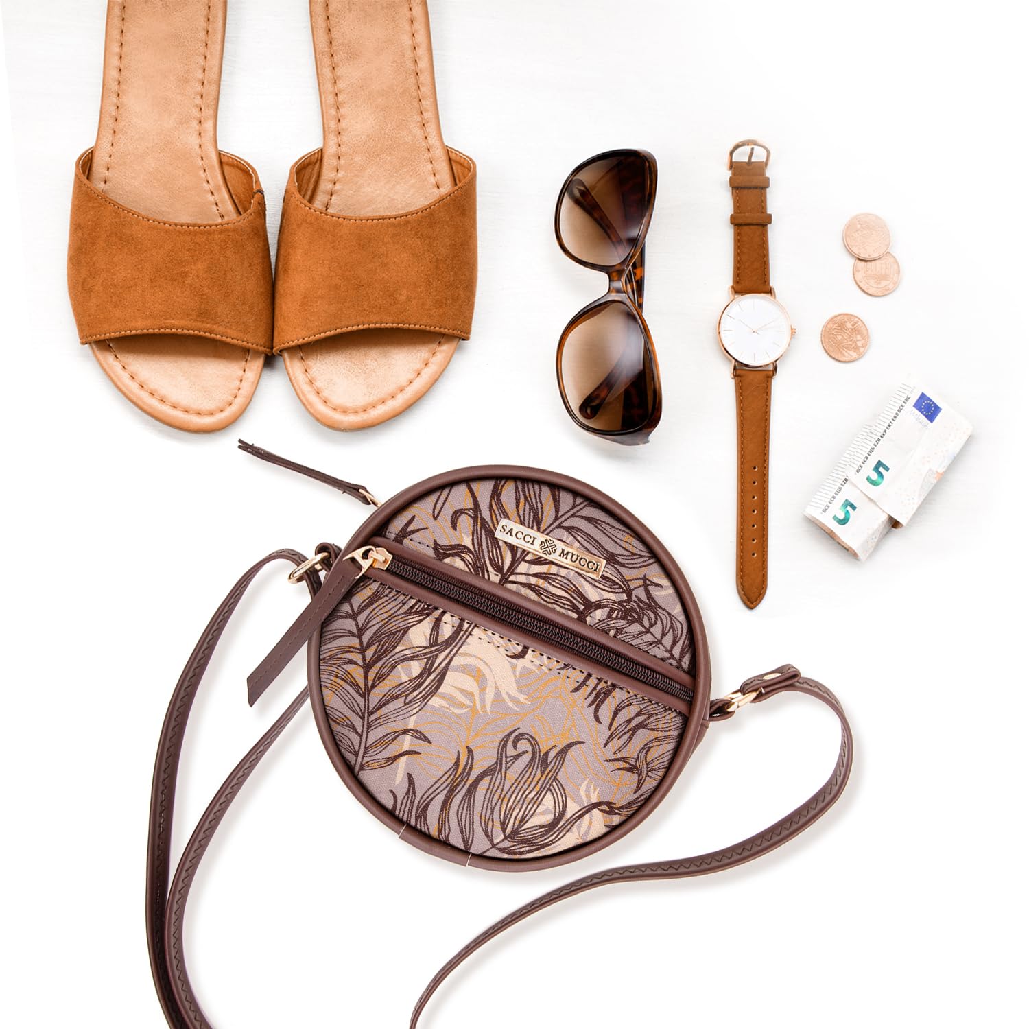SACCI MUCCI Round Round Sling Bag, Printed Sling Bag For Girls, Crossbody Bag For Women, gifts for women, Shoulder Bag with Strap - Botanical (Brown) - SaumyasStore