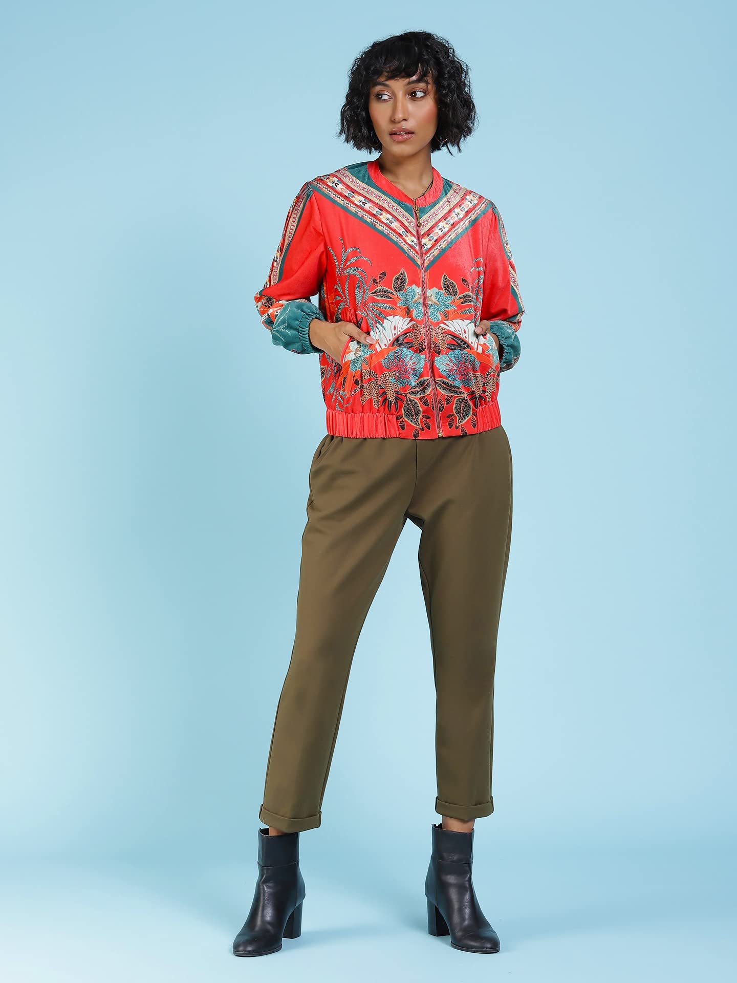 Label RITU KUMAR Women's Leaf Regular Jacket JKTVNS01N29270737-RED-M - SaumyasStore