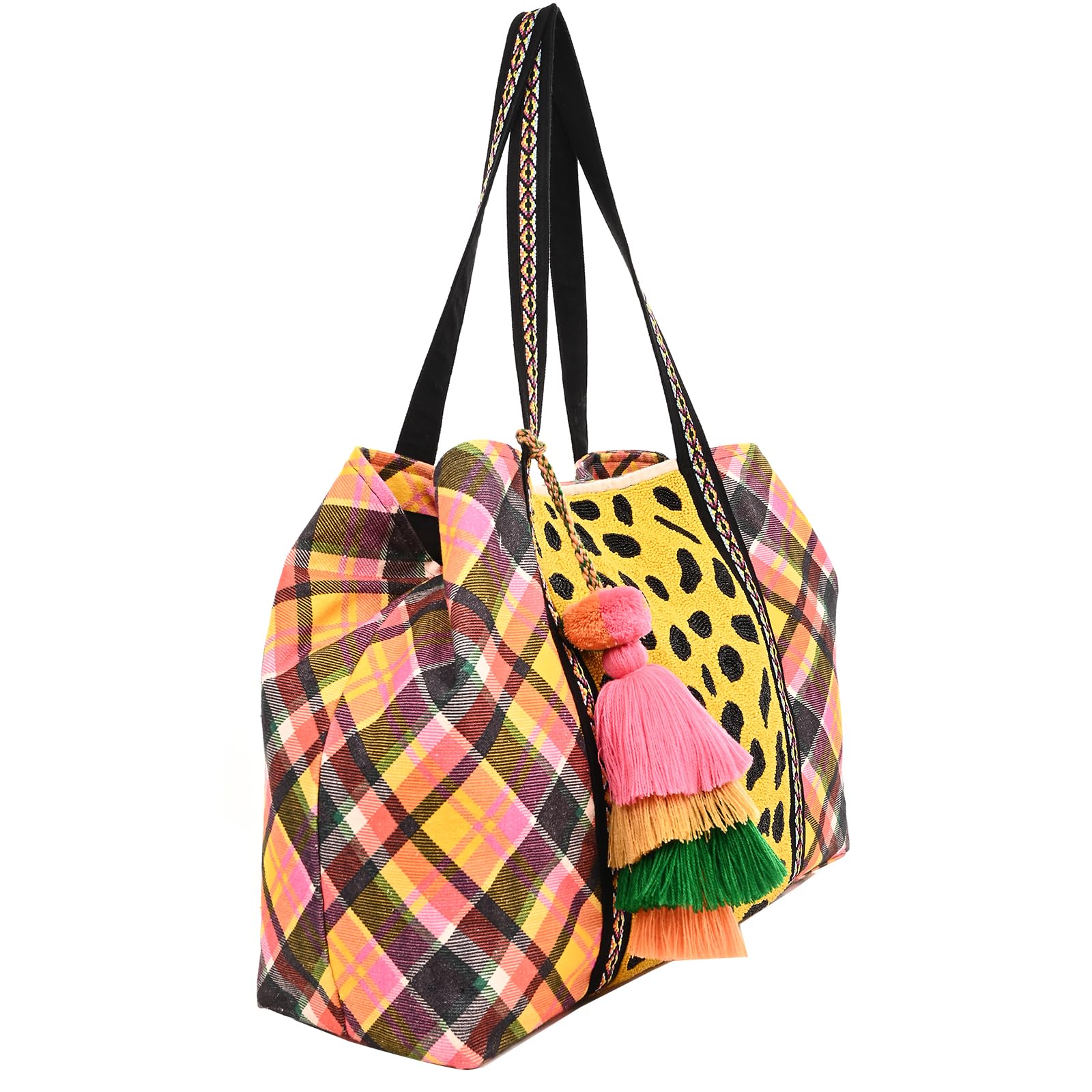 Boho Girl Cheetah Embellished Checkered Tote | Shoulder Bag with Inner Zip Pocket - Jacquard Handbag for Travel and Any Occassion - SaumyasStore