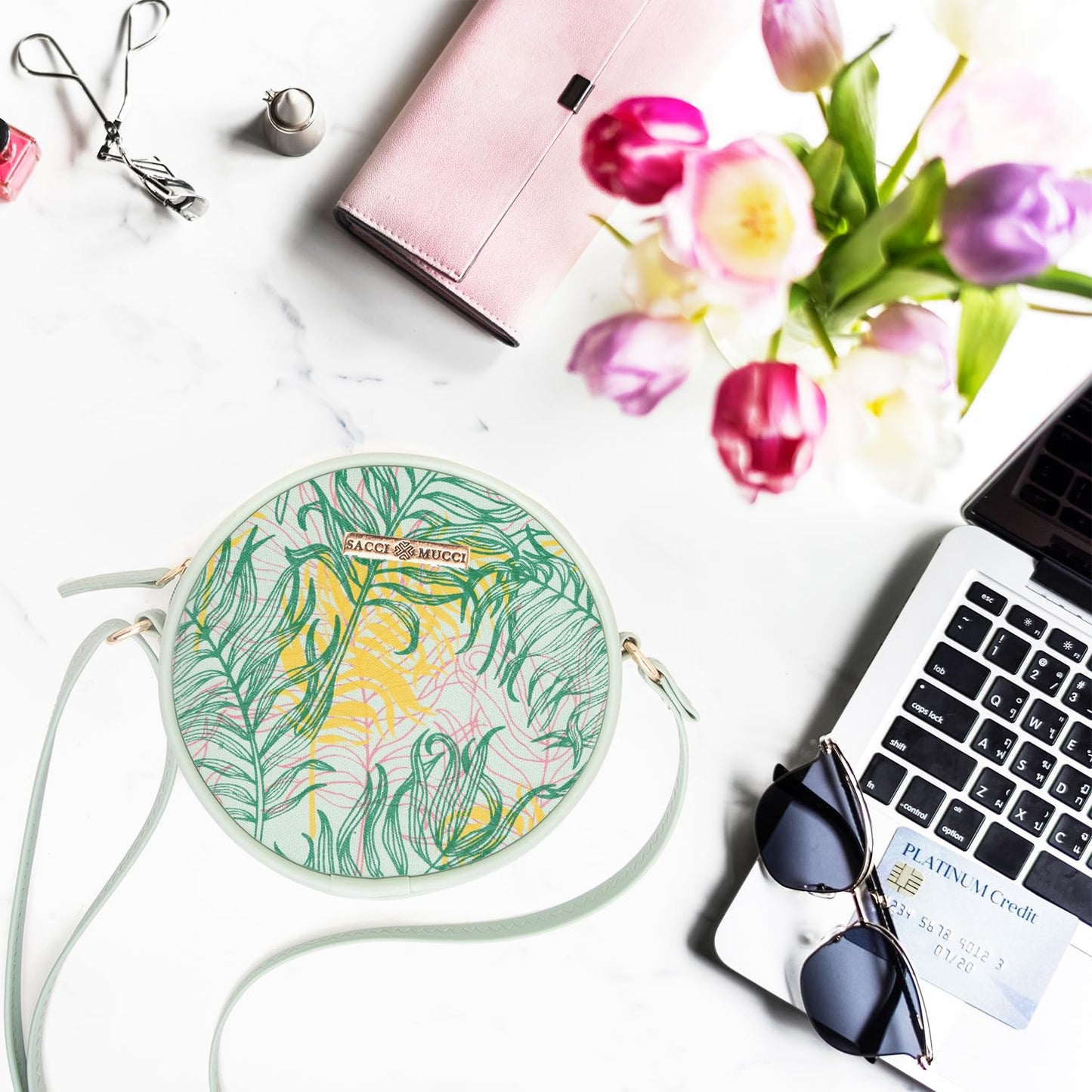 SACCI MUCCI Round Sling Bag, Printed Sling Bag For Girls, Women Sling Bag, Crossbody Bag For Women, gifts for women/Girls, Gift for her - Botanical (Mint green) - SaumyasStore