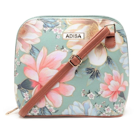ADISA Women Girls Floral Print Faux Leather Sling Bag Crossbody (SL6003-GRN_Green) - SaumyasStore