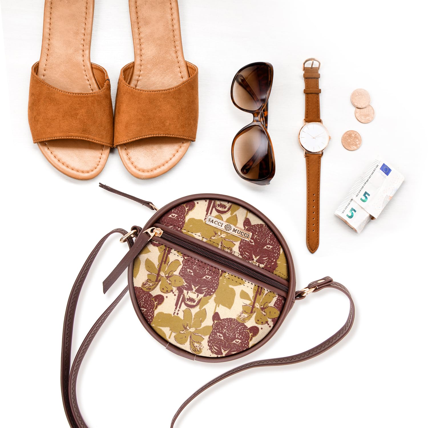 SACCI MUCCI Round Round Sling Bag, Printed Sling Bag For Girls, Crossbody Bag For Women, gifts for women, Shoulder Bag with Strap - Wild Print (Brown) - SaumyasStore