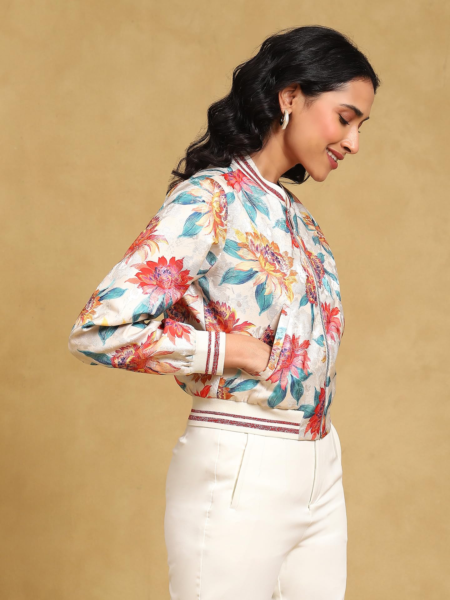 Label RITU KUMAR White Floral Jacquard Jacket - SaumyasStore