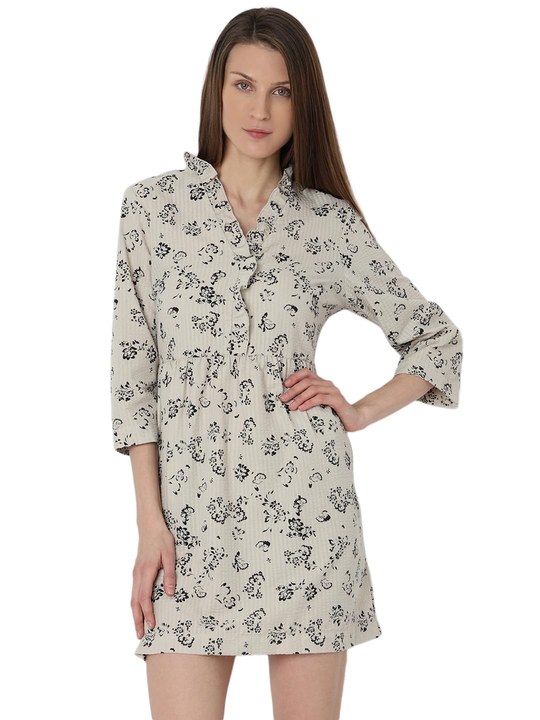 VERO MODA ' Women's Polyester Fit and Flare Above The Knee Dress (10304007-Silver Lining_Silver - SaumyasStore