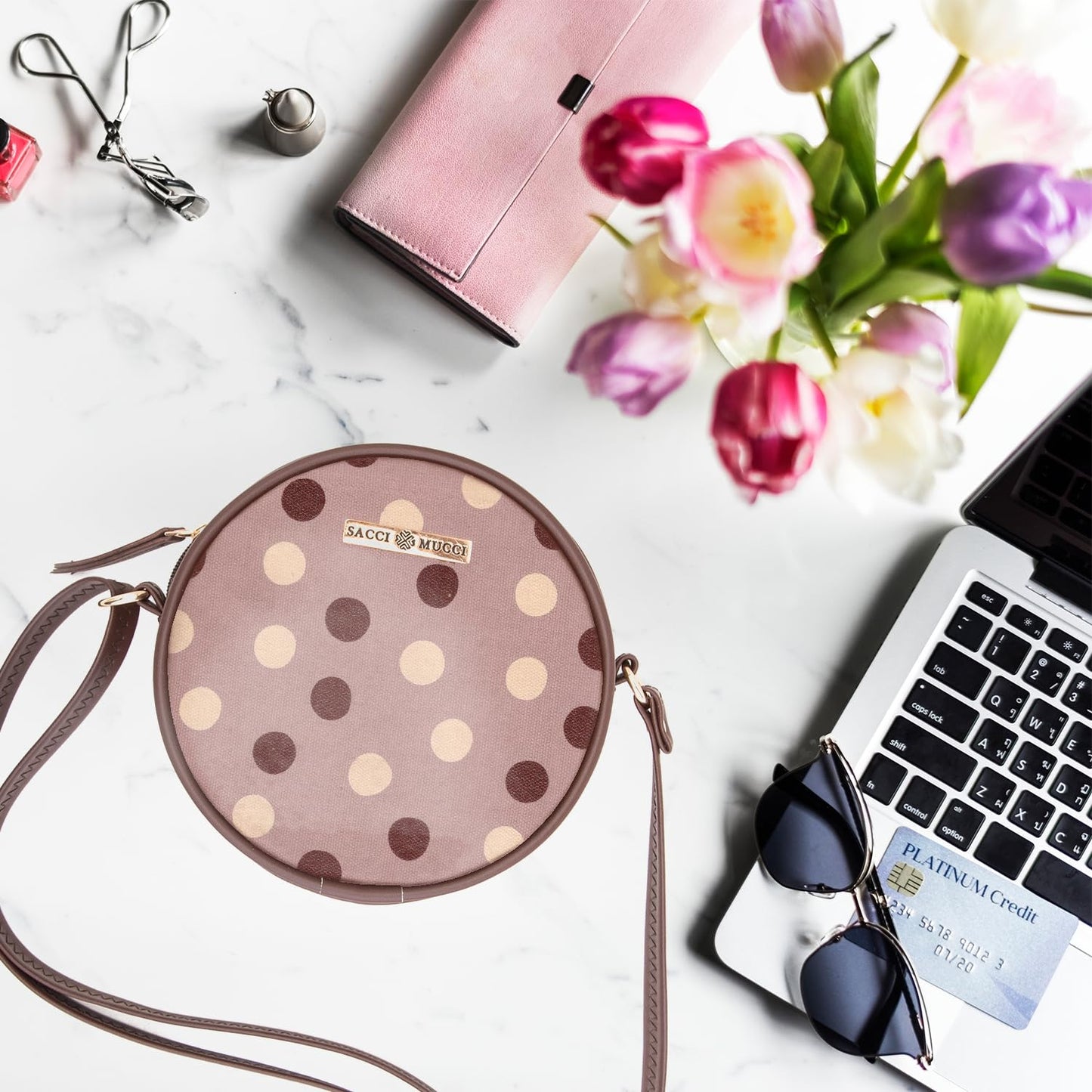 SACCI MUCCI Round Sling Bag, Printed Sling Bag For Girls, Women Sling Bag, Crossbody Bag For Women, gifts for women/Girls, Gift for her - Cute Polka (Brown) - SaumyasStore